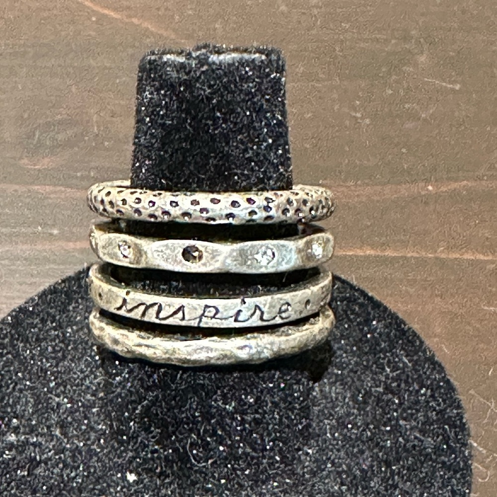 Love, inspire, joy hammered open silver ring